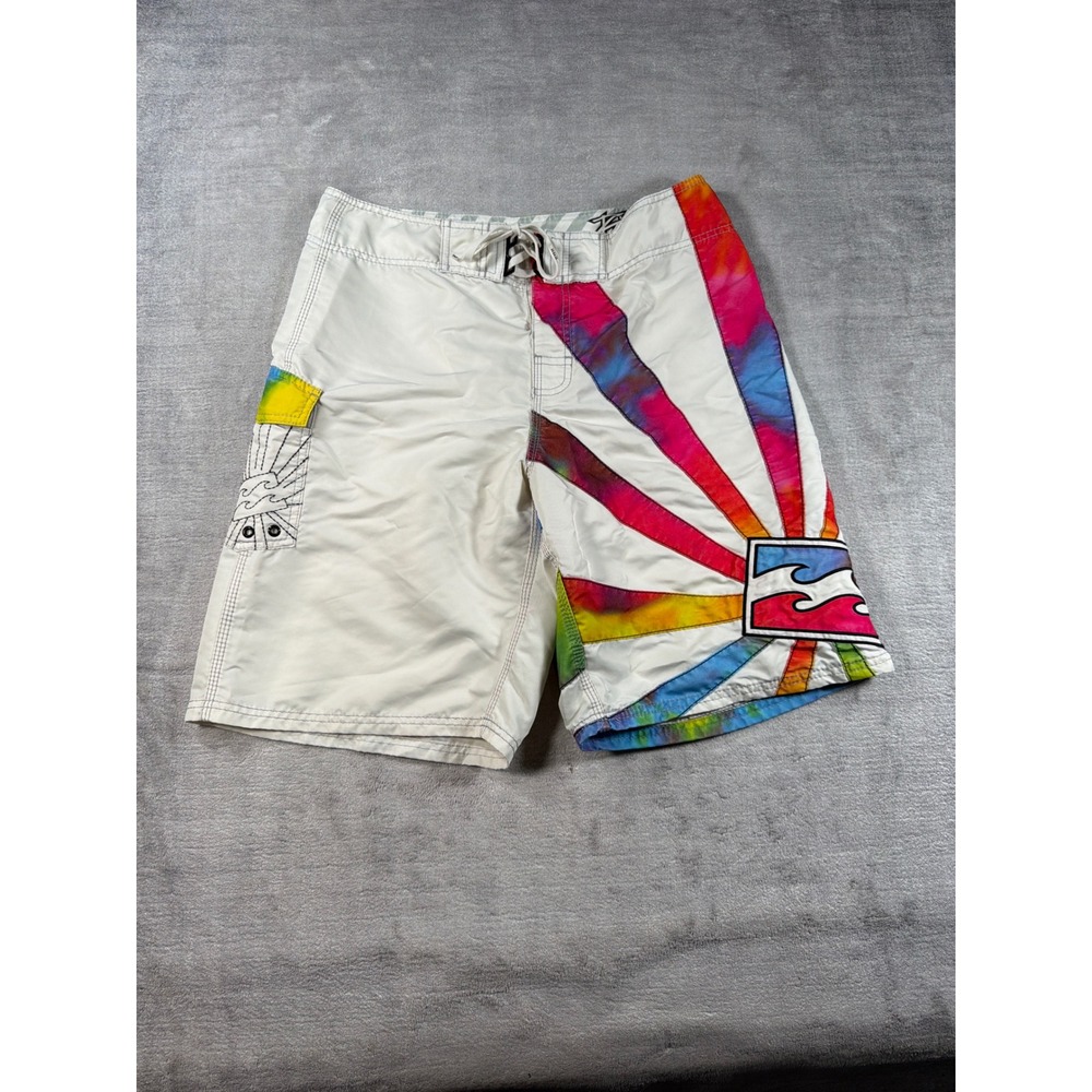 Billabong Board Shorts Mens 34 White Y2K Psychedelic Tie Dye Raising Sun Surf